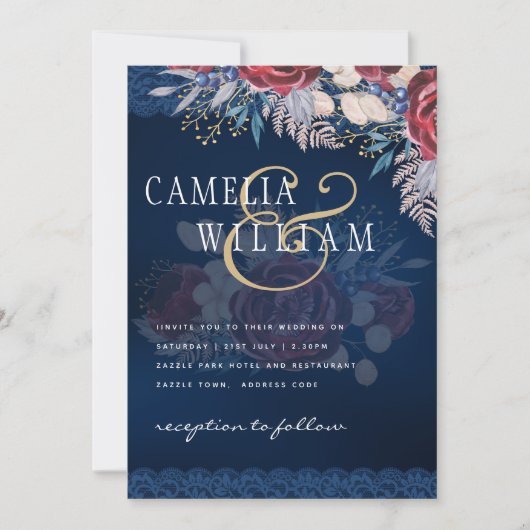 タイムレスブルーブルゴーニュフローラレース結婚ズ 招待状 (正面)