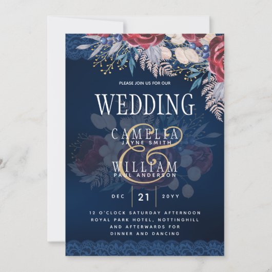 タイムレスブルーブルゴーニュフローラレース結婚ズ 招待状 (正面)