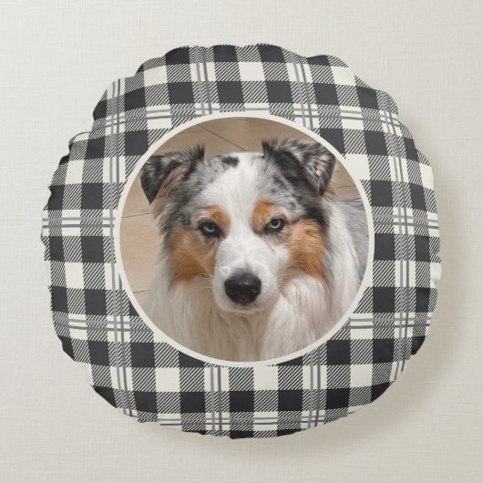 タイムレスペットフォトダークグレーバッファロープレイドアート ラウンドクッション (正面)