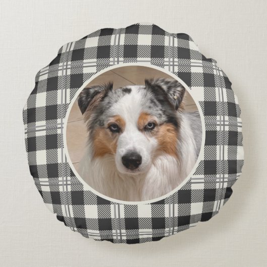 タイムレスペットフォトダークグレーバッファロープレイドアート ラウンドクッション (裏面)