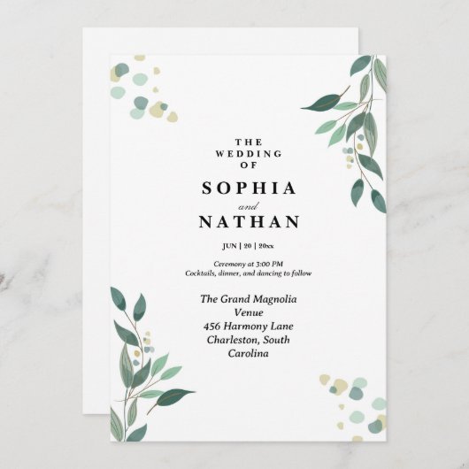 タイムレスボタニカル結婚式招待状クラシック 招待状 (正面/裏面)