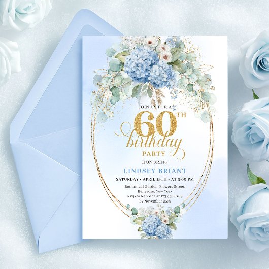 タイムレスボヘミアンライトブルーの花柄 60歳の誕生日 招待状
