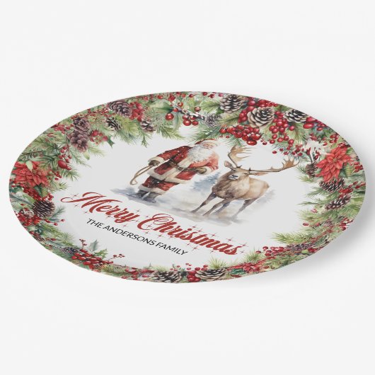 タイムレスモダンウォーターカラーのサンタクロースのトナカイ ペーパープレート (アングル)