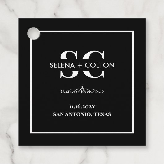 タイムレスモダンブラック&ホワイト結婚式の引き出物ラベル フェイバータグ (正面)