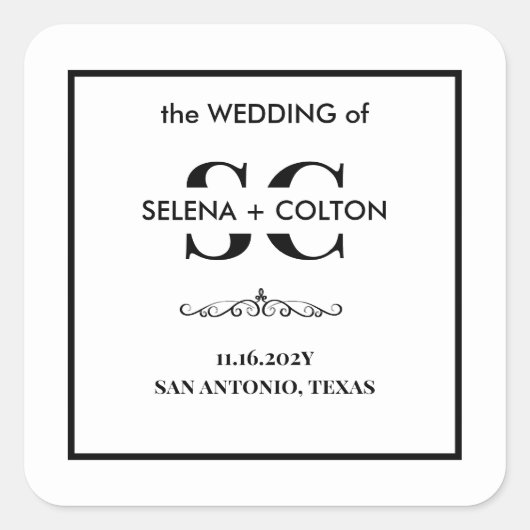 タイムレスモダンブラック&ホワイト結婚式用シール スクエアシール (正面)