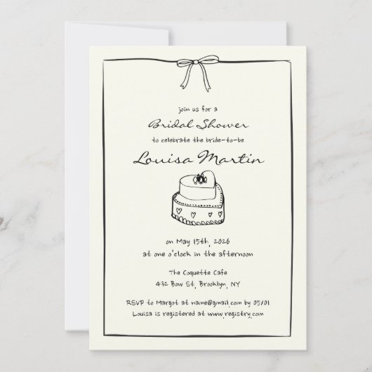 タイムレス手描きブライダルシャワーヴィンテージケーキ 招待状 (正面)