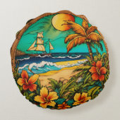 タイムレス熱帯インク – モントレービーチタトゥーアート ラウンドクッション (裏面)