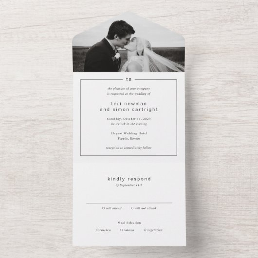 タイムレス白黒モノグラムモダン結婚ズ オールインワン招待状 (内側)