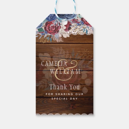 タイムレス素朴ブルーブルゴーニュフローラレース結婚ズ ギフトタグ (正面)
