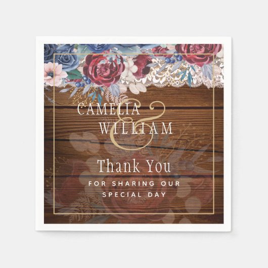 タイムレス素朴ブルーブルゴーニュフローラレース結婚ズ スタンダードカクテルナプキン (正面)