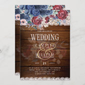 タイムレス素朴ブルーブルゴーニュフローラレース結婚ズ 招待状 (正面/裏面)