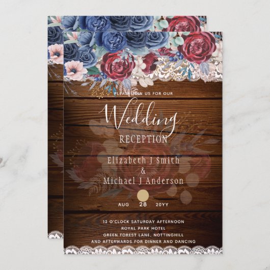 タイムレス素朴ブルーブルゴーニュフローラレース結婚ズ 招待状 (正面/裏面)