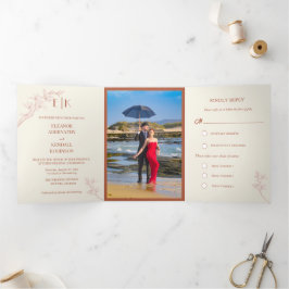 タイムレス結婚フラワーの三折招待状 三つ折りクリスマスカード