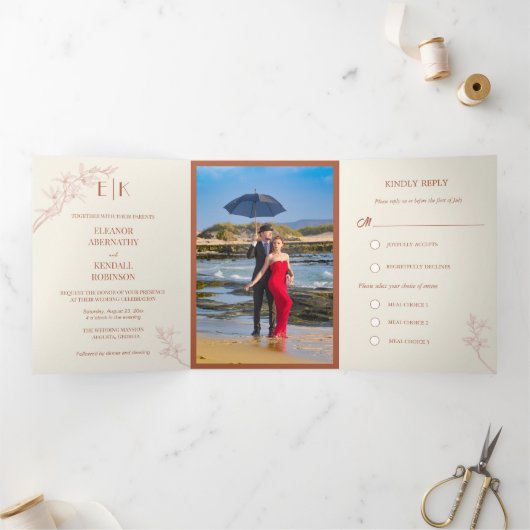 タイムレス結婚フラワーの三折招待状 三つ折りクリスマスカード (内部)