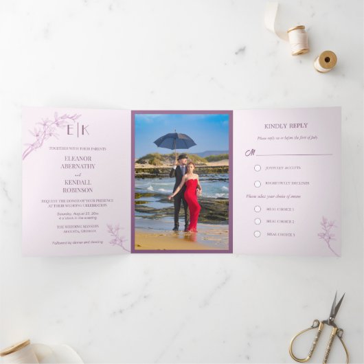 タイムレス結婚フラワーの三折招待状 三つ折りクリスマスカード (内部)