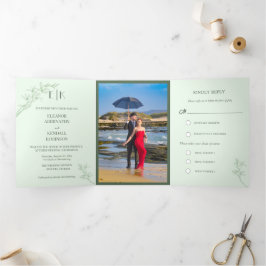 タイムレス結婚フラワーの三折招待状 三つ折りクリスマスカード