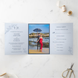 タイムレス結婚フラワーの三折招待状 三つ折りクリスマスカード