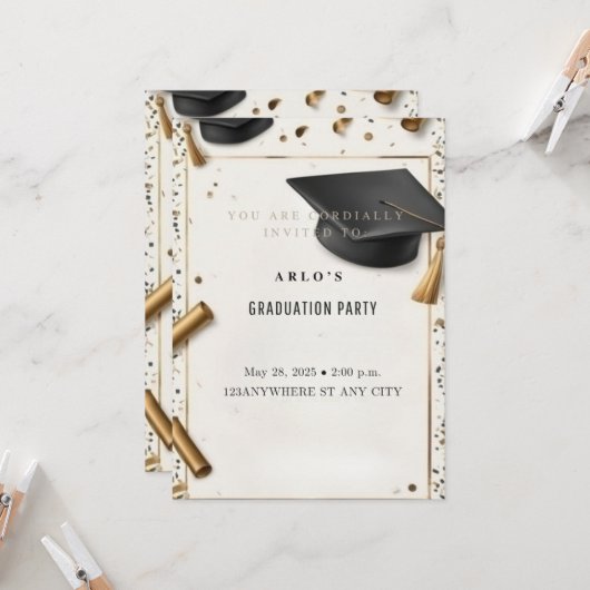 タイムレス達成:エレガント卒業キャップ 招待状 (正面/裏面インサイチュ)