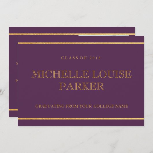タイムレス金ゴールド紫色の写真卒業招待状 招待状 (正面/裏面)
