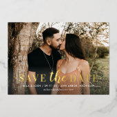 タイムレス金ゴールド結婚タイプの救写真当社の日付 箔招待状 (正面)