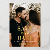 タイムレス金ゴールド結婚タイプの救写真当社の日付 箔招待状 (正面)