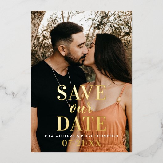 タイムレス金ゴールド結婚タイプの救写真当社の日付 箔招待状 (正面)