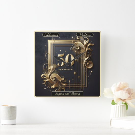 タイムレス金ゴールド: 50年記念 スクエア壁時計 (ホーム)