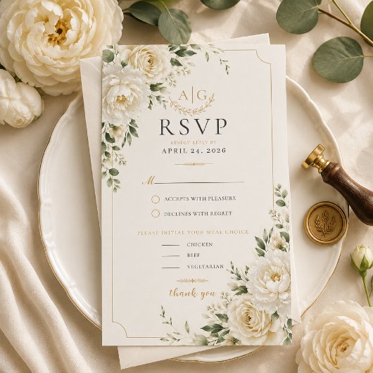 タイムレス アイボリー フラワー ウェディング RSVP カード