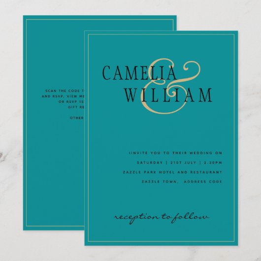 タイムレス クラシック ターコイズ シーグラス ゴールド ウェディング 招待状 (正面/裏面)