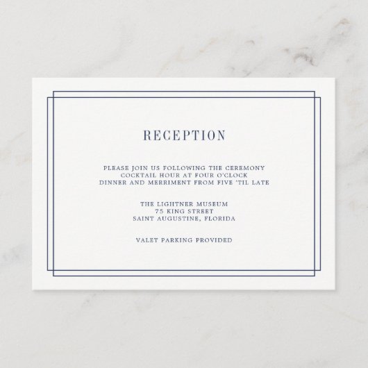 タイムレス ネイビーとホワイトのレセプションカード エンクロージャーカード (正面)
