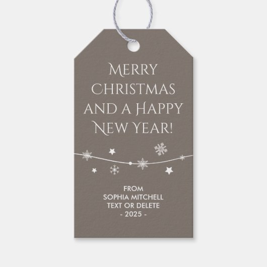 タイムレス – 茶色のベージュ – スノーフレークの贈り物ラベル ギフトタグ (正面)