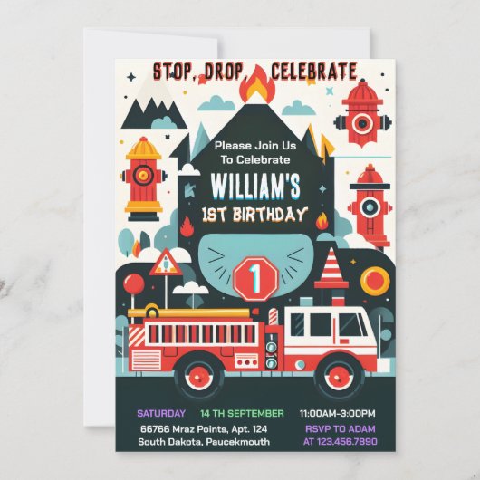タイムレッドホット消防車エンジン安全1歳の誕生日 招待状 (正面)