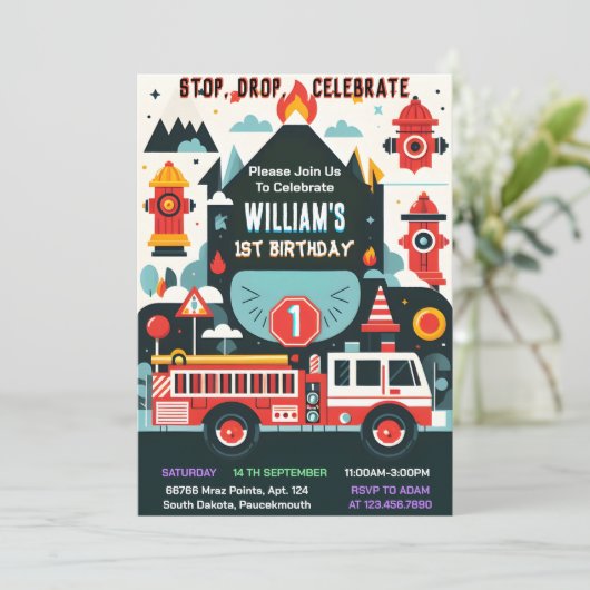 タイムレッドホット消防車エンジン安全1歳の誕生日 招待状 (スタンド正面)