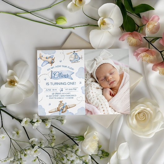 タイム・フライヤーズ 写真入り飛行機 1歳の誕生日招待状 招待状