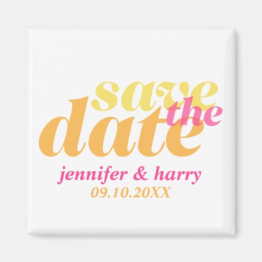 タイモダンプウェディングは日付オレンジ色のピンク マグネット (正面)