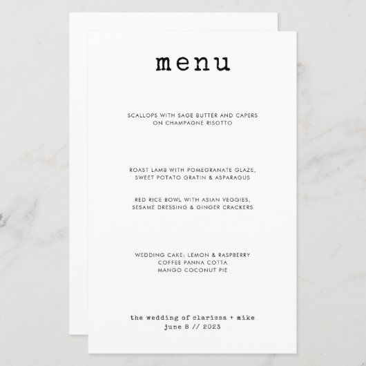 タイモダンプミニマルライターディナーのメ結婚ニュー (正面/裏面)