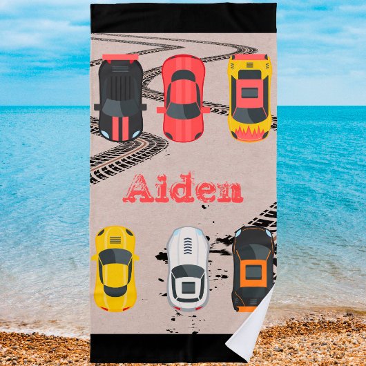 タイヤトレッドマーク付きレースカーパーソナライズされた ビーチタオル
