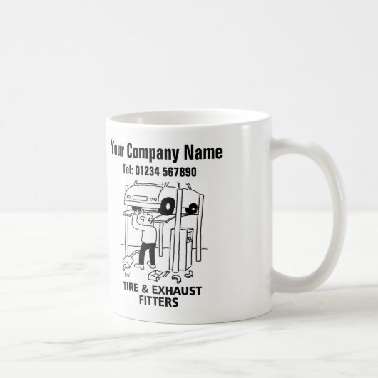 タイヤ&エキゾーストフィッター漫画マグカップ コーヒーマグカップ (右)