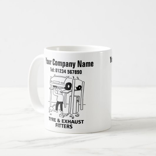 タイヤ&エキゾーストフィッター漫画マグカップ コーヒーマグカップ (正面左)