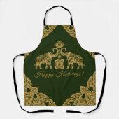 タイランドエレファントハッピーホリデーズギフト金ゴールド&グリーン エプロン (正面)