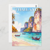 タイランドヴィンテージ旅行崖とロングテールボート ポストカード (正面/裏面)