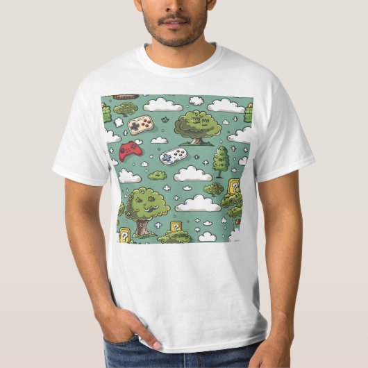 タイリングされたビデオゲームのシンボルパターン Tシャツ (正面)