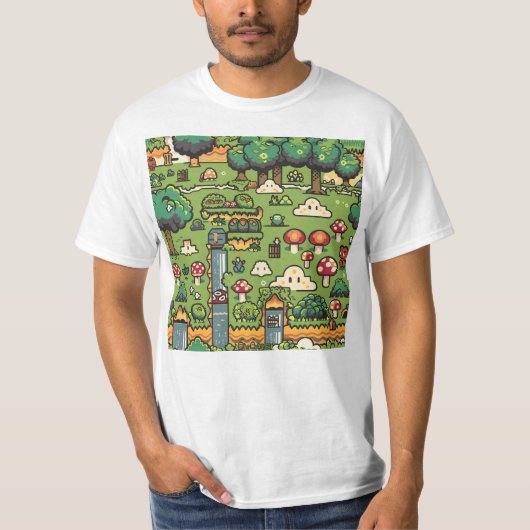 タイリングされたビデオゲームの森林レベルのパターン Tシャツ (正面)