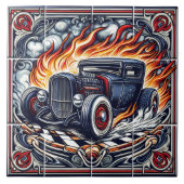 タイルに炎を上げるヴィンテージカーのアートワーク タイル (正面)