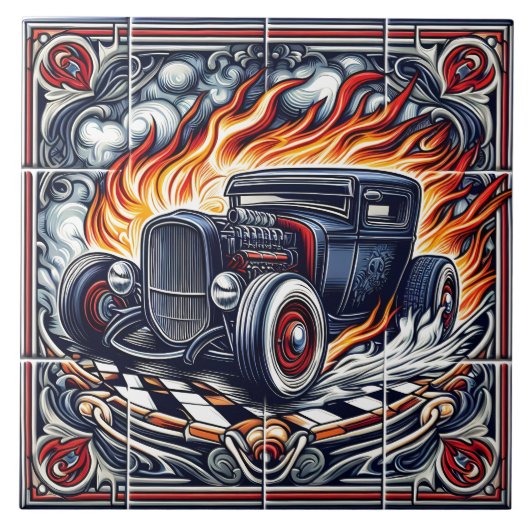 タイルに炎を上げるヴィンテージカーのアートワーク タイル (正面)