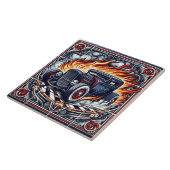 タイルに炎を上げるヴィンテージカーのアートワーク タイル (側面)