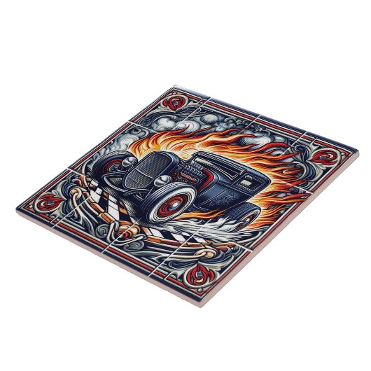 タイルに炎を上げるヴィンテージカーのアートワーク タイル (側面)