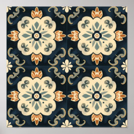 タイルのネオ伝統的ブルーと白のパターン ポスター