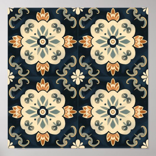 タイルのネオ伝統的ブルーと白のパターン ポスター (正面)