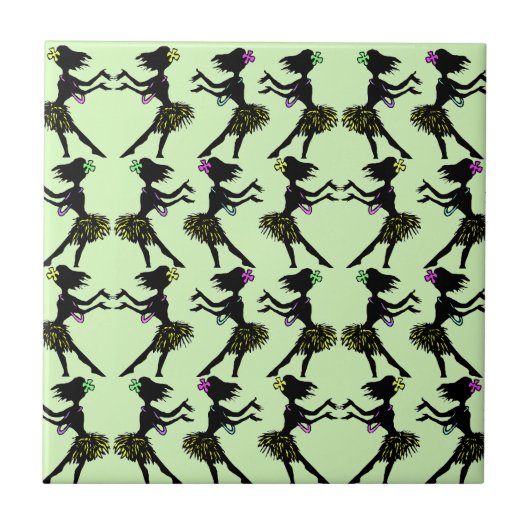 タイルのハワイの熱帯ヴィンテージのフラ女の子Seafoam タイル (正面)